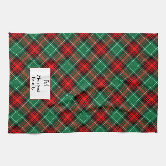 Editable Initial andl Name Green Red Holiday Plaid Theedoek (Horizontaal)