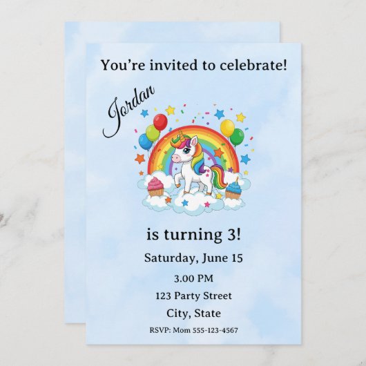 Editable Kids Birthday Invitation Kaart (Voorkant / Achterkant)