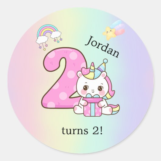 Editable Kids Birthday Sticker Cute Unicorn Party (Voorkant)