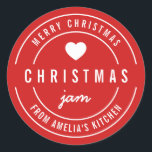 EDITABLE Kleur Keuken Vrolijk Kerstmis Jam Ronde Sticker<br><div class="desc">Rond Modern Bold "Merry Christmas Jam" sticker met een hart en dubbele rand in wit tegen een achtergrondkleur die bewerkbaar is (klik op aanpassen en achtergrondkleur wijzigen). Het is perfect voor het labelen van wat je hebt gemaakt. Personaliseer het door de tekst van de tijdelijke aanduiding te vervangen. Voor meer...</div>