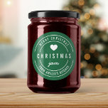 EDITABLE Kleur Keuken Vrolijk Kerstmis Jam Ronde Sticker<br><div class="desc">Rond Modern Bold "Merry Christmas Jam" sticker met een hart en dubbele rand in wit tegen een achtergrondkleur die bewerkbaar is (klik op aanpassen en achtergrondkleur wijzigen). Het is perfect voor het labelen van wat je hebt gemaakt. Personaliseer het door de tekst van de tijdelijke aanduiding te vervangen. Voor meer...</div>
