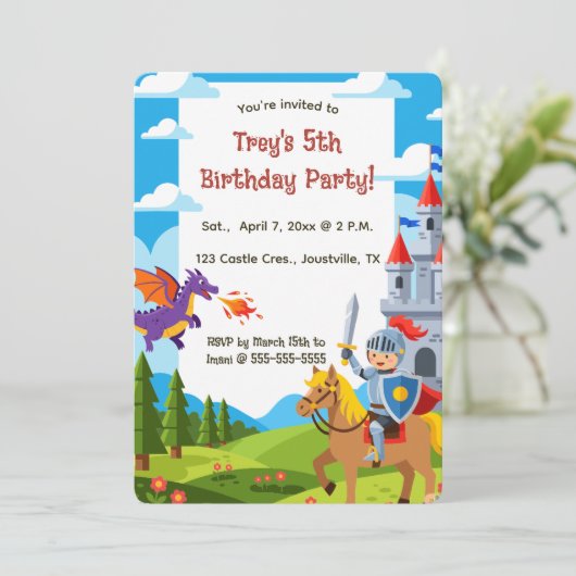 Editable Knight Castle Dragon Birthday Kaart (Staand voorkant)