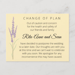 Editable Lavender Wedding Change of Plan Briefkaart
