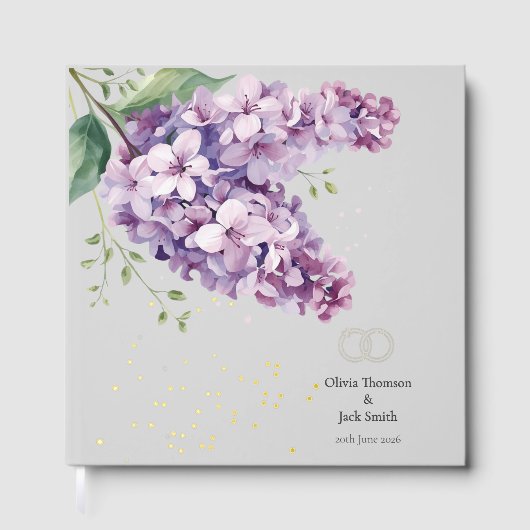 Editable Lilac Floral and Gold Wedding Guestbook Gastenboek (Voorkant)