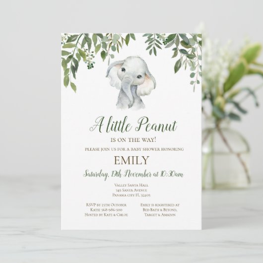 Editable Little Peanut Elephant Invitation, Baby Kaart (Staand voorkant)