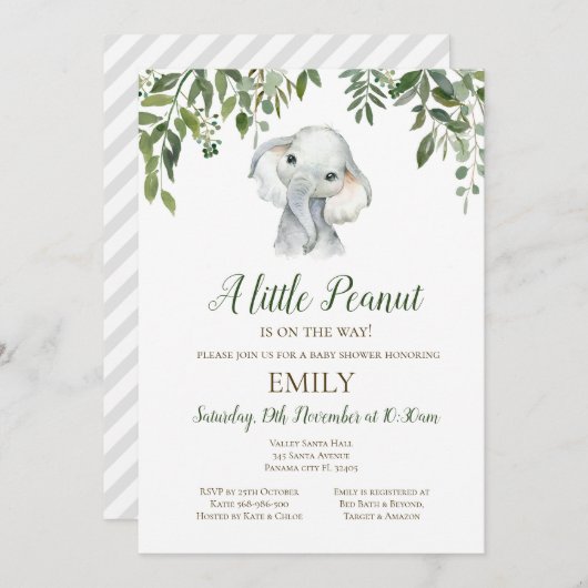 Editable Little Peanut Elephant Invitation, Baby Kaart (Voorkant / Achterkant)
