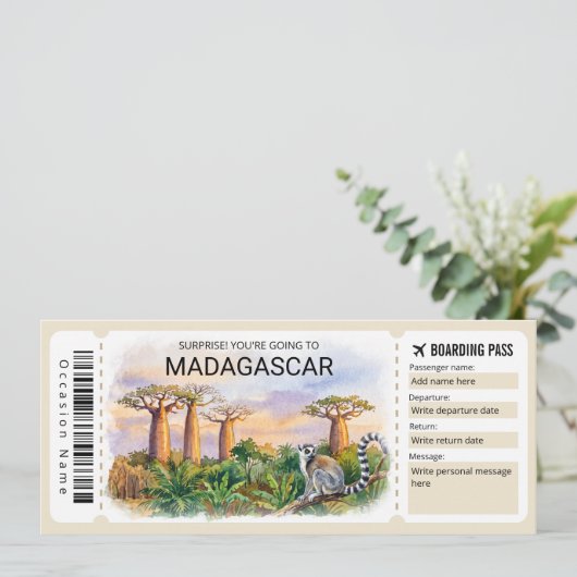 Editable Madagascar Trip Boarding Pass Ticket Kaart (Staand voorkant)