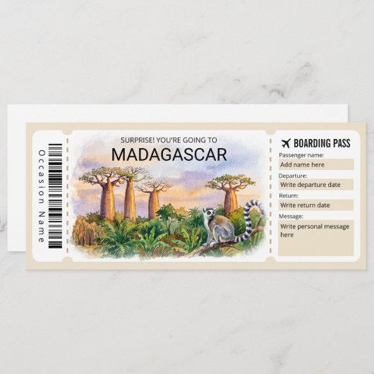 Editable Madagascar Trip Boarding Pass Ticket Kaart (Voorkant / Achterkant)
