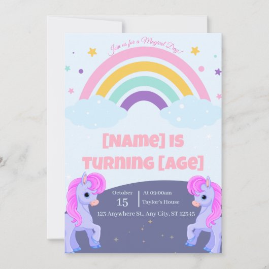 Editable Magical Unicorn Birthday Invitation Kaart (Voorkant)
