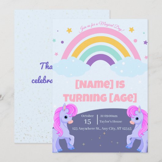 Editable Magical Unicorn Birthday Invitation Kaart (Voorkant / Achterkant)