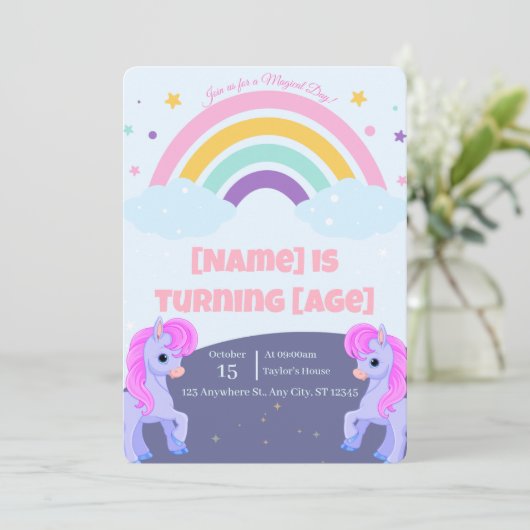 Editable Magical Unicorn Birthday Invitation Kaart (Staand voorkant)