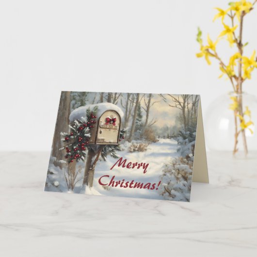 Editable Mailbox on a Winter Rural Road Christmas Kaart (Gele Bloem)
