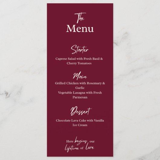 Editable Maroon Wedding Flat Menu Card  (Voorkant)