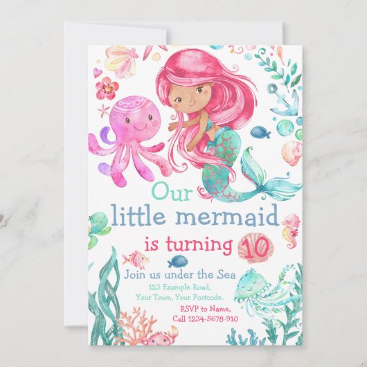 Editable Mermaid Birthday Invitation, Zee Invite Kaart (Voorkant)