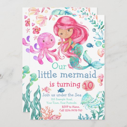 Editable Mermaid Birthday Invitation, Zee Invite Kaart (Voorkant / Achterkant)