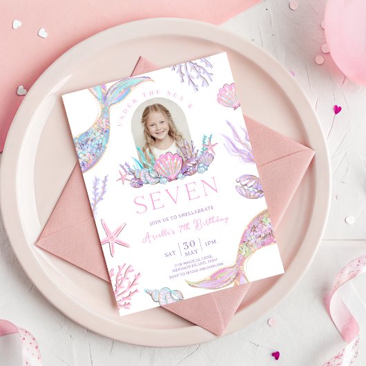 Editable Mermaid Invite 7 Year Old With Picture Kaart