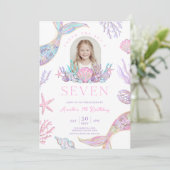 Editable Mermaid Invite 7 Year Old With Picture Kaart (Staand voorkant)