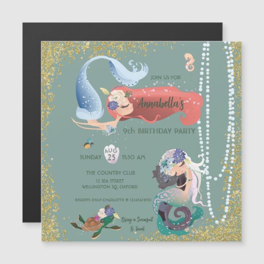 Editable Mermaid Magnetische Uitnodiging (Voorkant / Achterkant)