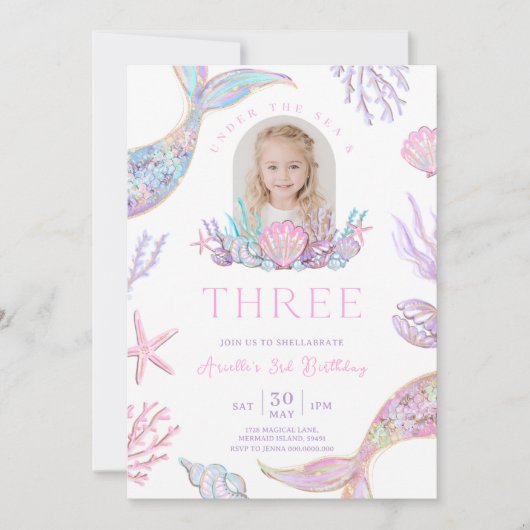 Editable Mermaid Tail 3rd Birthday Invite Glitter Kaart (Voorkant)