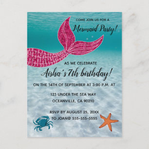 Editable Mermaid Tail in Ocean Birthday  Uitnodiging Briefkaart