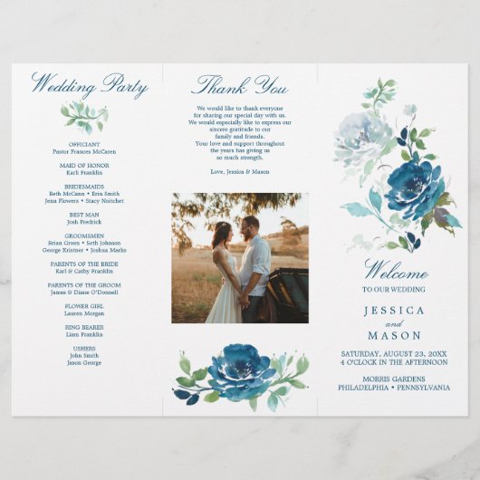 Editable Midnight Blooms Trifold Wedding Program Flyer (Voorkant)