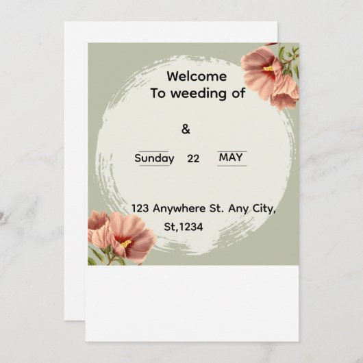 Editable Minimal Floral Wedding Invitation Kaart (Voorkant / Achterkant)