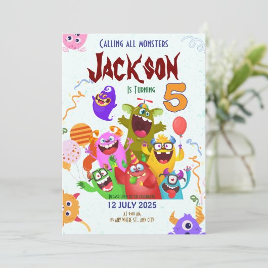 Editable Monster Birthday Party Invitation Card Save The Date (Staand voorkant)