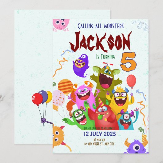 Editable Monster Birthday Party Invitation Card Save The Date (Voorkant / Achterkant)