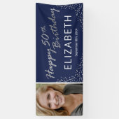 Editable Navy Blue Silver 50th Birthday Foto Spandoek (Verticaal)