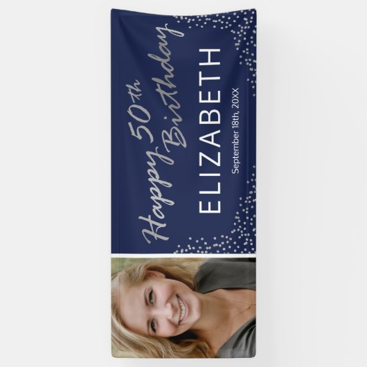 Editable Navy Blue Silver 50th Birthday Foto Spandoek (Verticaal)