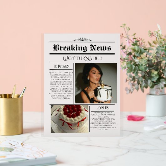 Editable Newspaper Birthday Invitation Template  Acryl Bord (Huwelijk)