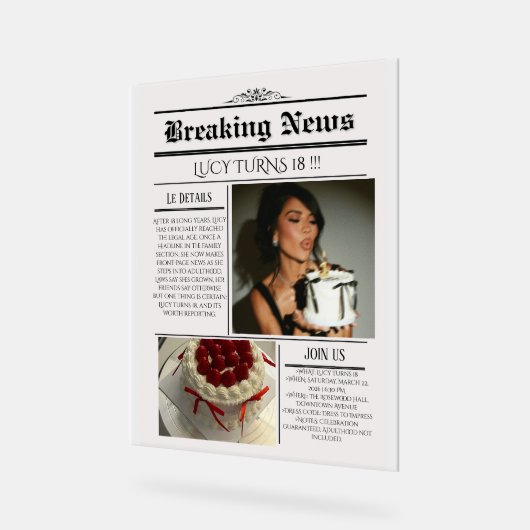 Editable Newspaper Birthday Invitation Template Acryl Bord (Hoek)