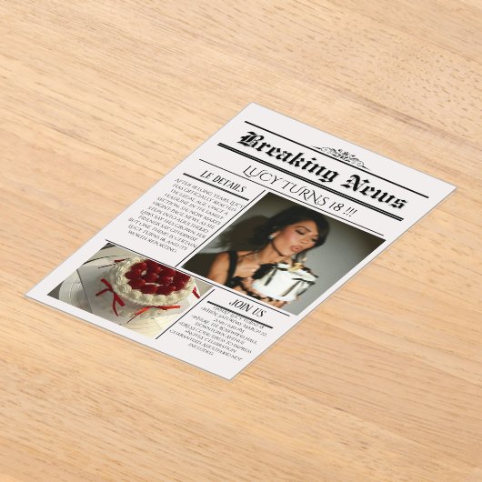 Editable Newspaper Birthday Invitation Template  Acryl Uitnodigingen (Laagn)