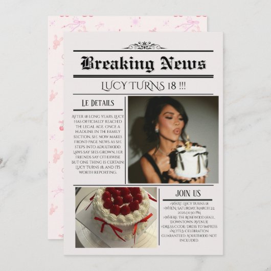 Editable Newspaper Birthday Invitation Template  Kaart (Voorkant / Achterkant)