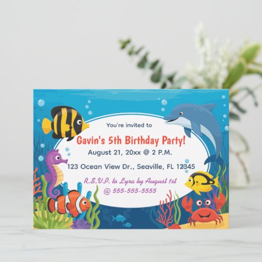 Editable Ocean Creatures Birthday Kaart (Staand voorkant)