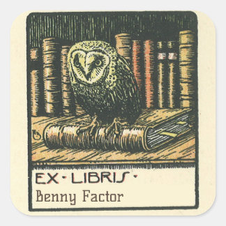 Editable  Owl and Books Bookplate Vierkante Sticker