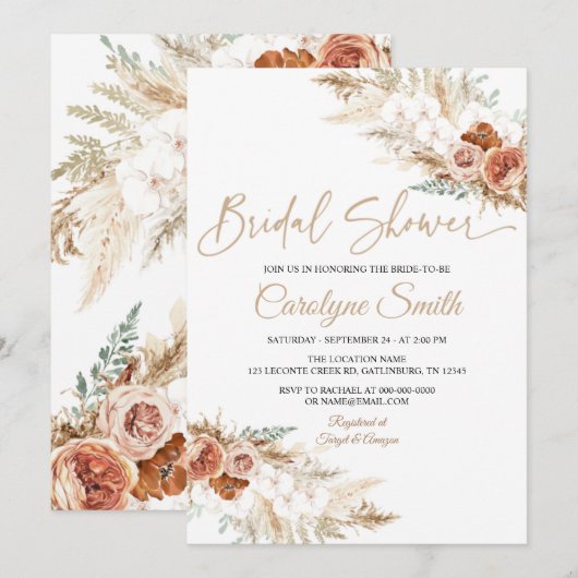 Editable Pampas Grass Bridal Shower Invitation Kaart (Voorkant / Achterkant)