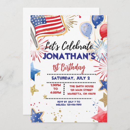 EDITABLE Patriottische Verjaardagsfeest Uitnodigin Kaart (Voorkant / Achterkant)