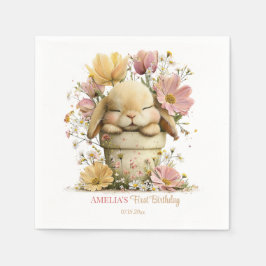 Editable Peach Gingham Bunny 1st Birthday Decor, Servet