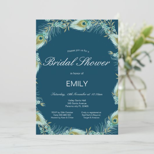 Editable Peacock Bridal Shower Uitnodiging (Staand voorkant)