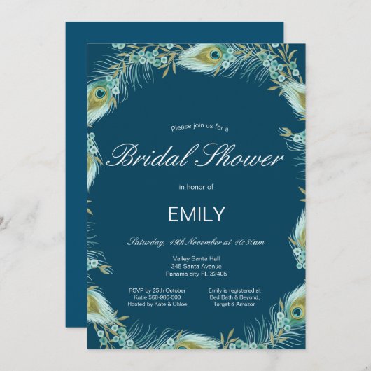 Editable Peacock Bridal Shower Uitnodiging (Voorkant / Achterkant)