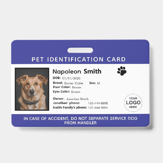 Editable Pet ID Card ,Navy White Service Dog Logo Badge (Voorkant)