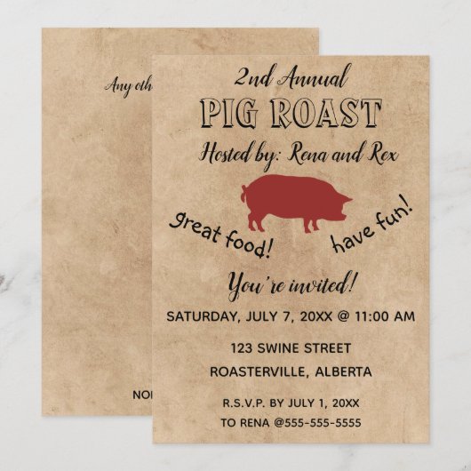 Editable Pig Roast Invitation Kaart (Voorkant / Achterkant)