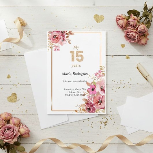 Editable Pink and Gold Quinceañera Invitation Kaart