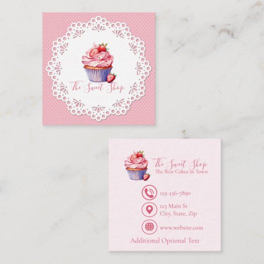 Editable Pink Bakery Business Card | 2.5" Square Contactkaartje (Voorkant / Achterkant)