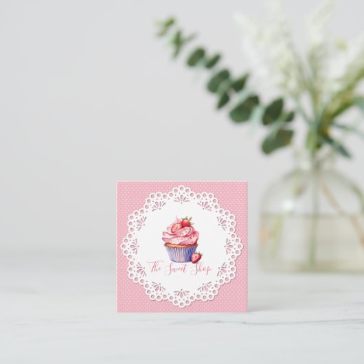 Editable Pink Bakery Business Card | 2.5" Square Contactkaartje (Staand voorkant)
