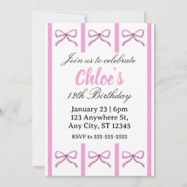 Editable pink bow birthday invite kaart