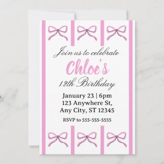 Editable pink bow birthday invite kaart
