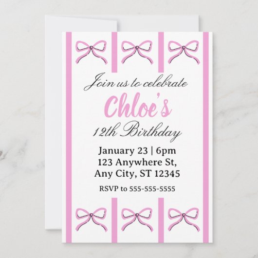 Editable pink bow birthday invite kaart (Voorkant)