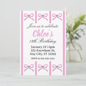 Editable pink bow birthday invite kaart (Staand voorkant)